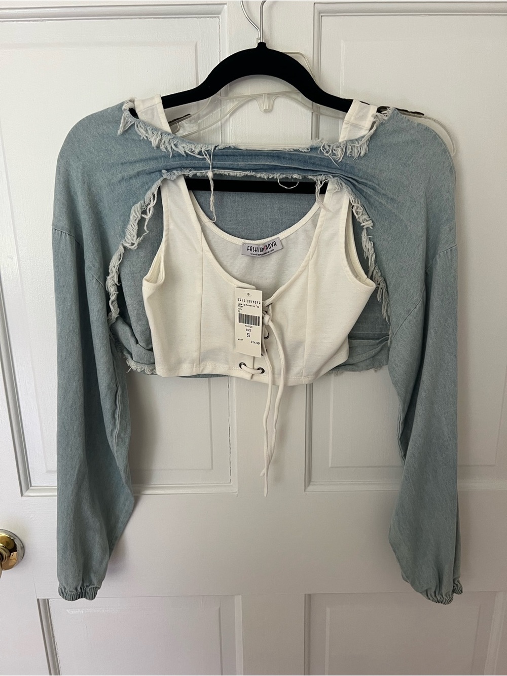Light Blue Jean look Distressed Shrug long sleeve top SIZE XS